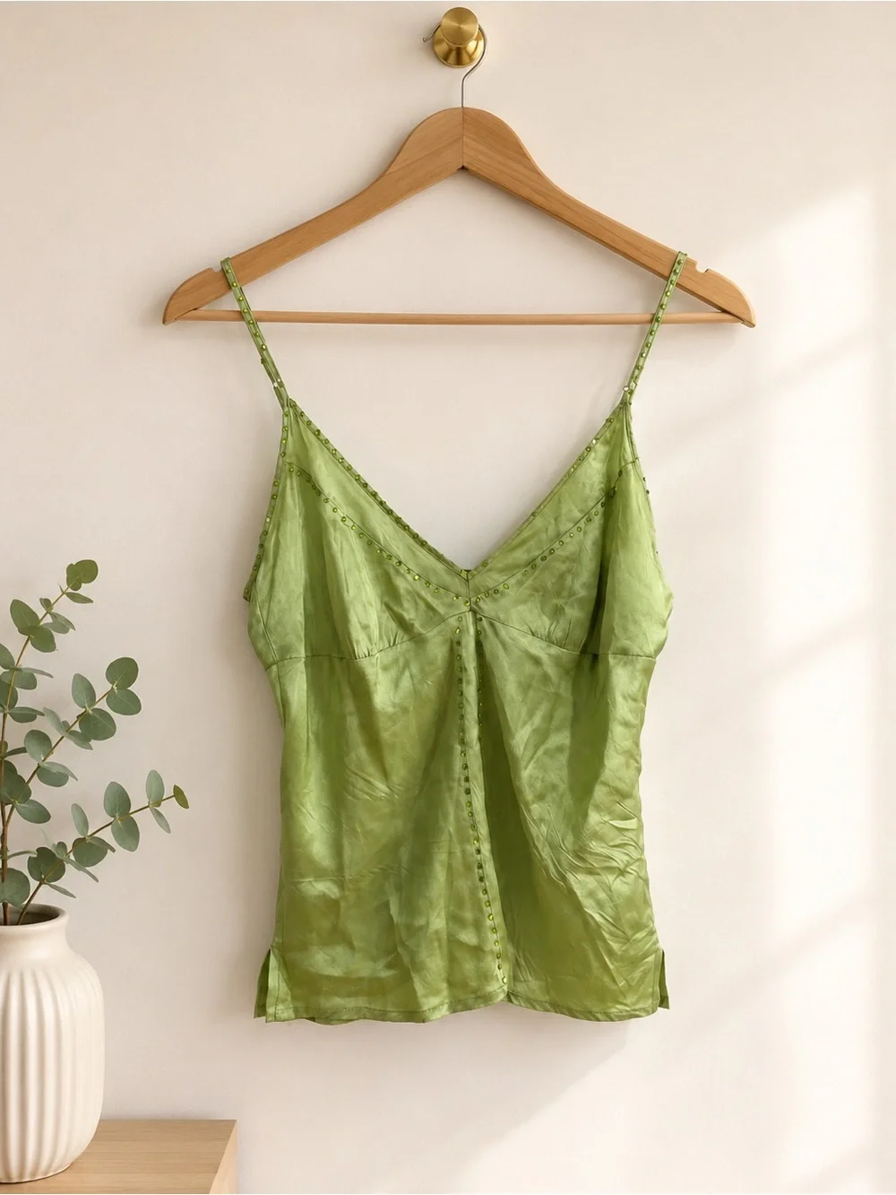 Vintage Gold Hawk Y2K Lime Green 100% Silk Beaded Cami Top - L_2